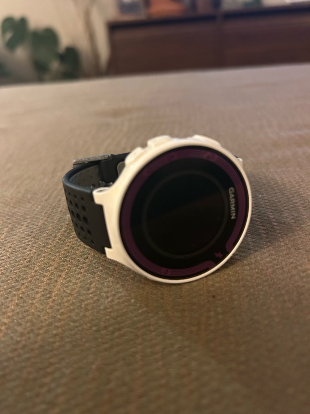 garmin White and Purple GPS Sports Watch with Black Perforated Band